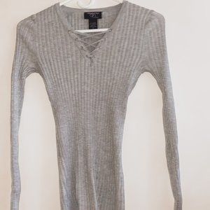 Gray Lace up ribbed Sweater